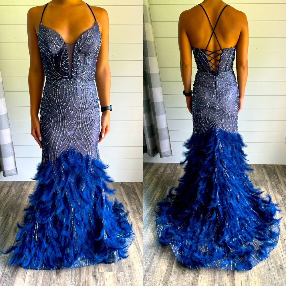Navy Feather Mermaid Gown